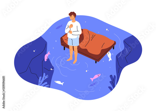 Horror dream, nightmare concept. Afraid scared dreamer standing during night sleep by bed, sea water around. Unreal surreal fear. Flat graphic vector illustration isolated on white background