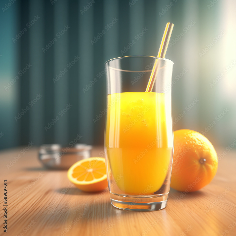 glass of orange juice with pipe on table glass of orange juice with pipe on table