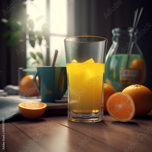 fresh orange juice with orange on table