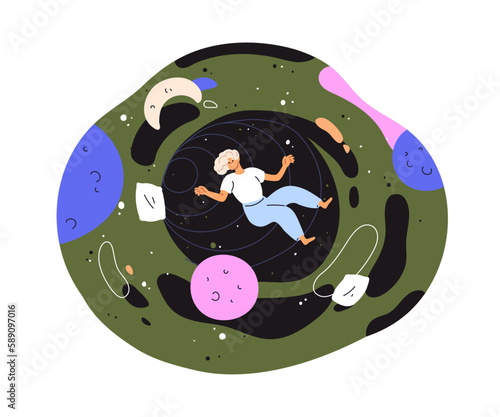 Dreamer flying in night dream during sleep. Unconscious woman floating in fantasy universe, space, fantastic cosmos. Psychology concept. Flat graphic vector illustration isolated on white background