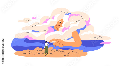 Dreamer in dream, sleep. Heavenly mother, departed mom supporting daughter, caring from sky, heaven, clouds. Mysterious goddess visiting sleeper. Flat vector illustration isolated on white background