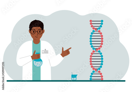 Male doctor with flasks near the dna chain. The concept of a new coronavirus, virus, pcr or disease treatment.