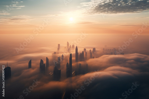 Skyscrapers rising through a cloud cover, Generative AI © spreephoto