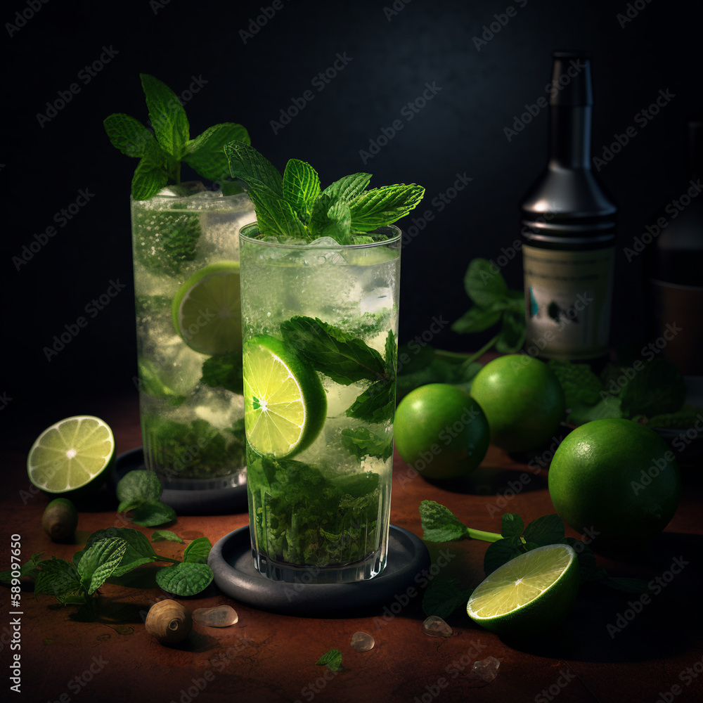 mojito cocktail with lime and mint on table mojito cocktail with lime and mint on table