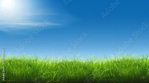 Green grass on blue clear sky, spring nature theme. Panorama