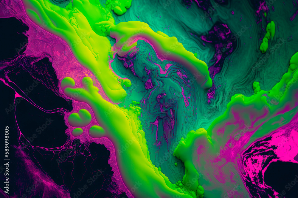 Generative AI illustration abstract background of vivid green and pink fluid mixing together creating majestic liquid effect
