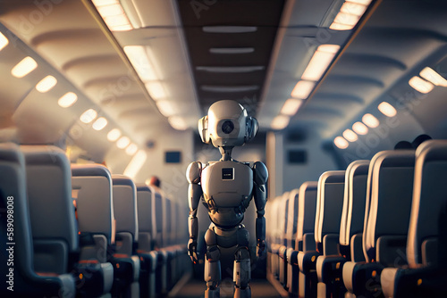 AI generated image of futuristic robot standing in narrow passage between rows of empty seats in modern airplane