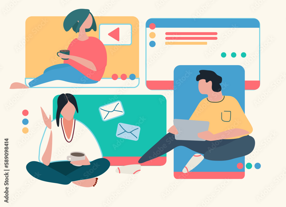 Young people in front of a computer screen. line illustrations, Flat style, isolated vector element, hand lettering Young people in front of a computer screen. line illustrations, Flat style, isolated vector element, hand lettering