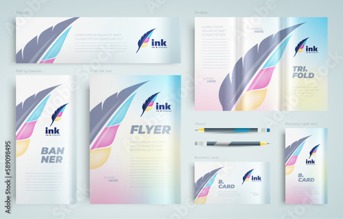 Cmyk polygraphy theme Cover colored feather pen Set flyer cover, tri-fold, banner, roll up banner, business card