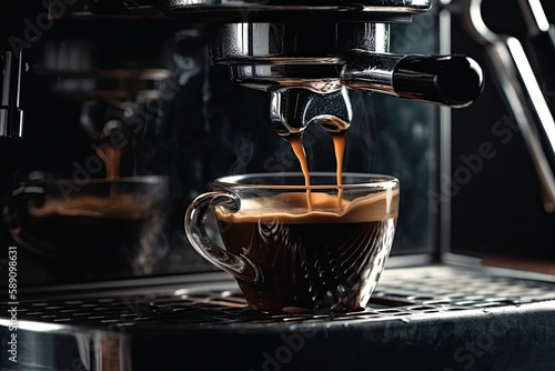 Leinwand Poster Espresso machine pours fresh black coffee closeup