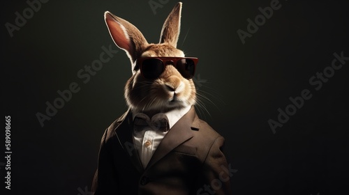 adult rabbit in suit and sunglasses with background, generative ai © tetxu