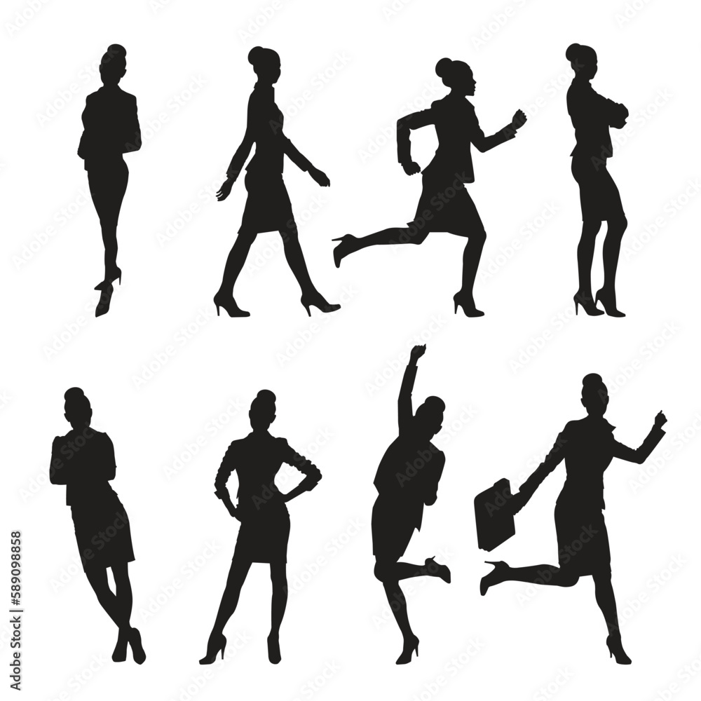 Set of silhouettes of business women in different poses. vector illustration