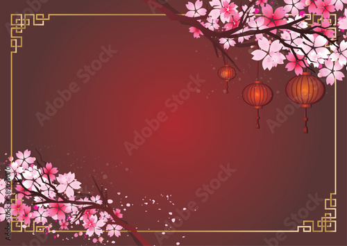 華やかな桜と赤い提灯の中華風フレーム飾り枠セット