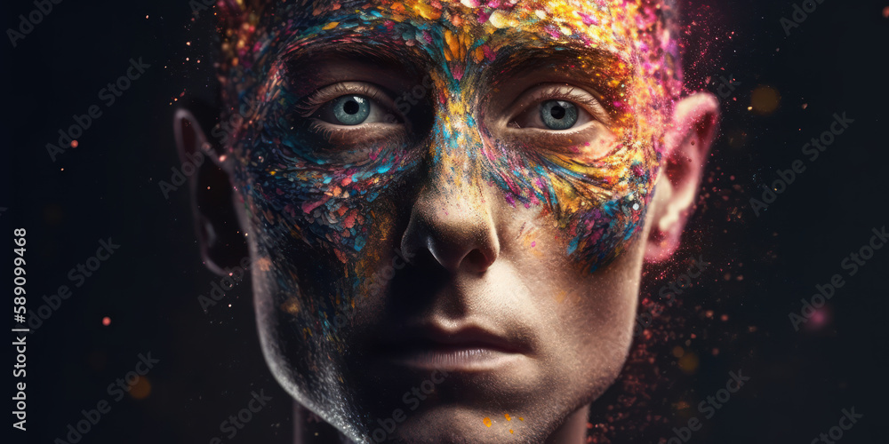 Colorful Particles Transforming Man's Face into Artistic Masterpiece. Generative AI