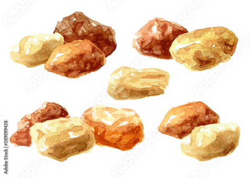Sugar crystals set. Hand drawn watercolor illustration, isolated on white background