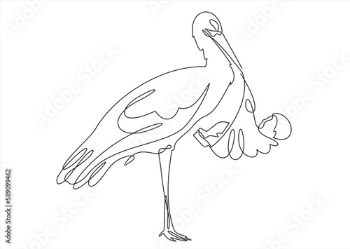 Vector illustration of a stork. A stork holds a baby in a bag. Can be used for postcards.Continuous one line