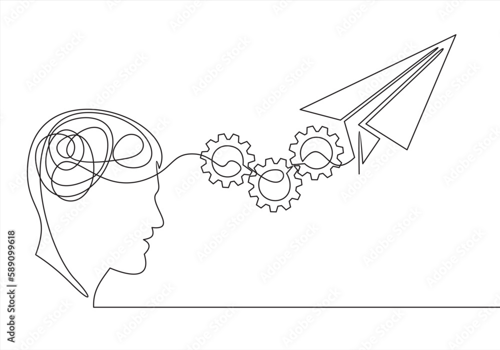 continuous modern drawing of a human head and brain thinking about Startup business idea. Brain, Paper plane flying up connected