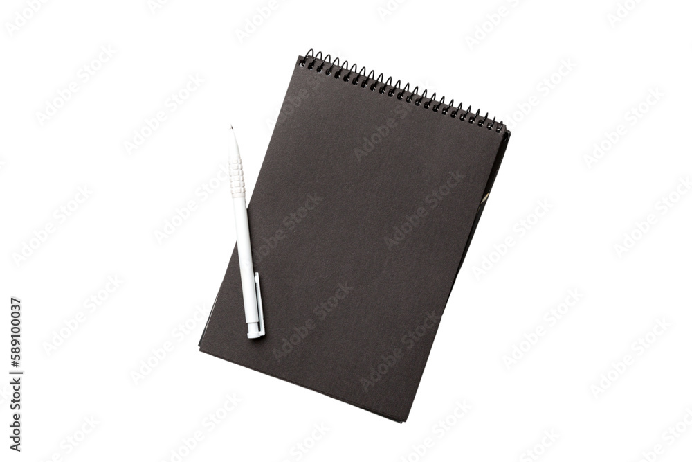 Top view of closed spiral blank dark paper cover notebook with pencil isolated on white background Top view of closed spiral blank dark paper cover notebook with pencil isolated on white background