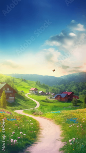Small village in the mountains. Peaceful summer landscape featuring a blooming village meadow with green grass, a curved dirt road, and mountains in the distance. Digital painting. Vector illustration