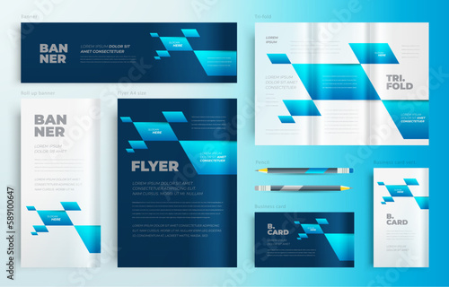 Action rhombus Set flyer cover, tri-fold, banner, roll up banner, business card blue color