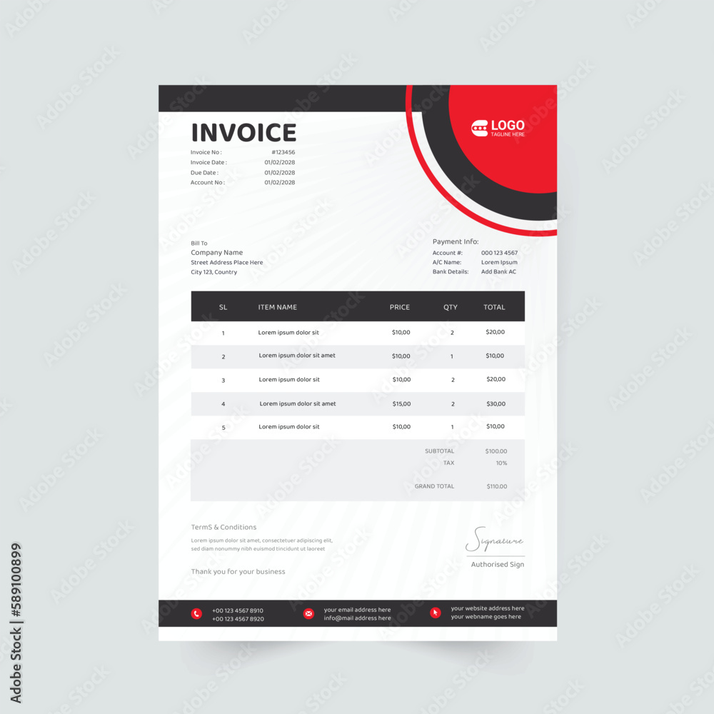 Naklejka premium Business invoice form template. Invoicing quotes, money bills or price invoices and payment agreement design templates. Tax form, bill graphic or payment receipt page vector