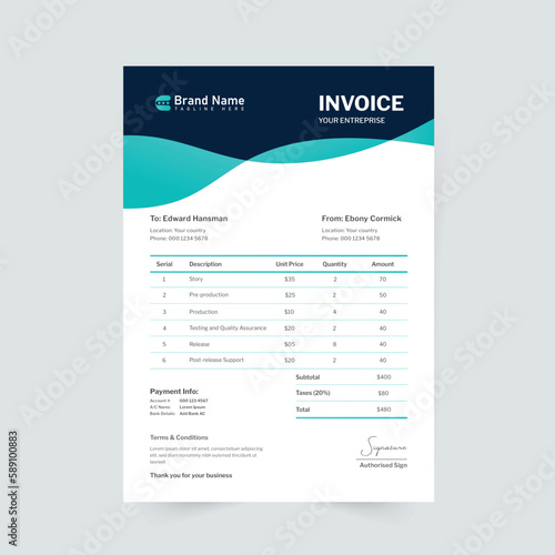 Business invoice form template. Invoicing quotes, money bills or price invoices and payment agreement design templates. Tax form, bill graphic or payment receipt page vector