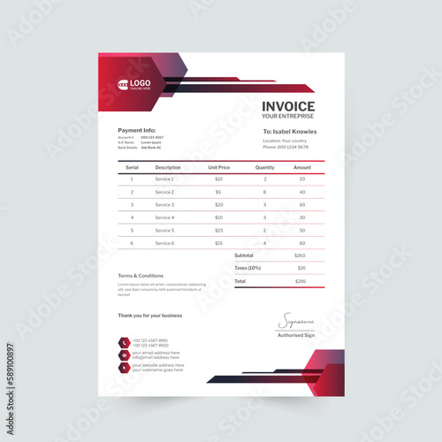 Business invoice form template. Invoicing quotes, money bills or price invoices and payment agreement design templates. Tax form, bill graphic or payment receipt page vector
