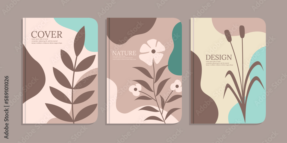 set of notebook cover templates with abstract hand drawn floral decorations. beautiful botanical background. size A4 For notebook, diaries, planner, school, brochure, book, catalog