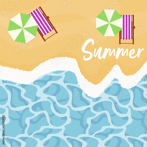 beach with waves, umbrellas and sun loungers. The short phrase Summer. View of the beach from above. Vector