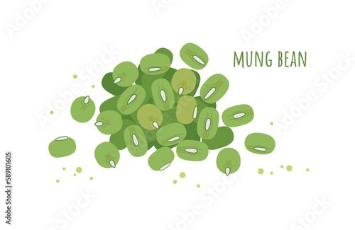Mung beans. A handful of green, yellow-green peas of Asian beans and an inscription on a white background. Legumes from India. Vector illustration.