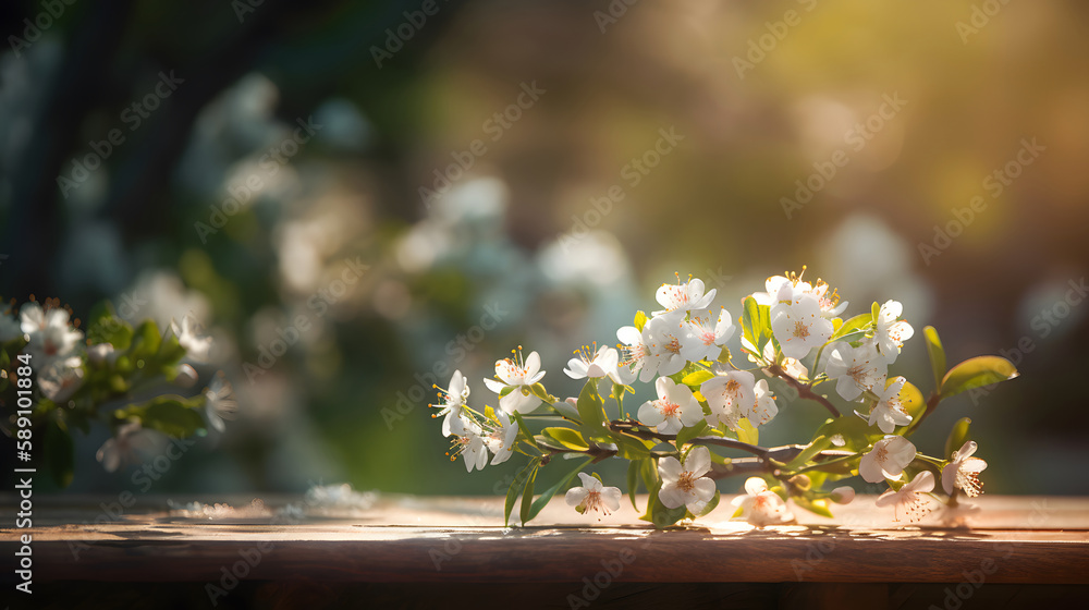 White cherry blossom flowers on empty wooden table in green garden blurred spring background. Generative AI White cherry blossom flowers on empty wooden table in green garden blurred spring background. Generative AI