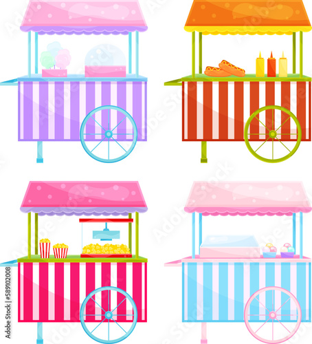 bright vector illustrations, set carts with street food, kiosks with fast food and sweets