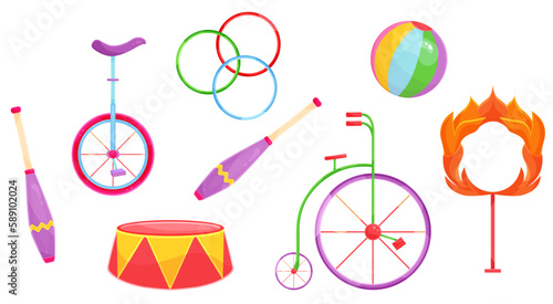 bright vector illustration set of circus equipment, accessories for circus, for circus performance