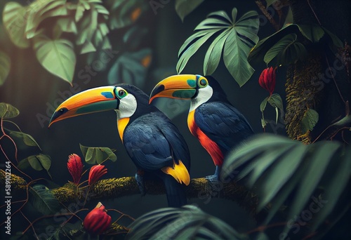 Two toucans on a tree in the morning rainforest. Generative Al Illustration. Generative AI