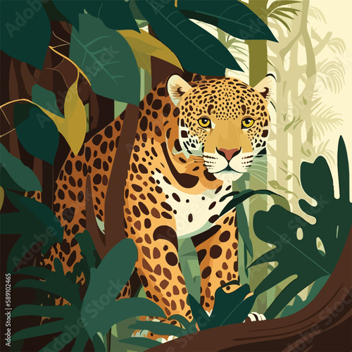 Jaguar in the Amazon rainforest. Tropical rainforest animals. Flat vector illustration concept. Generative AI photo