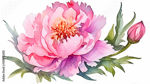 Beautiful watercolor illustration with peony flowers. Hand drawn watercolor illustration. Generative AI
