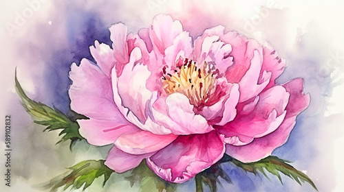 Watercolor painting of a peony flower. Hand-drawn illustration. Generative AI