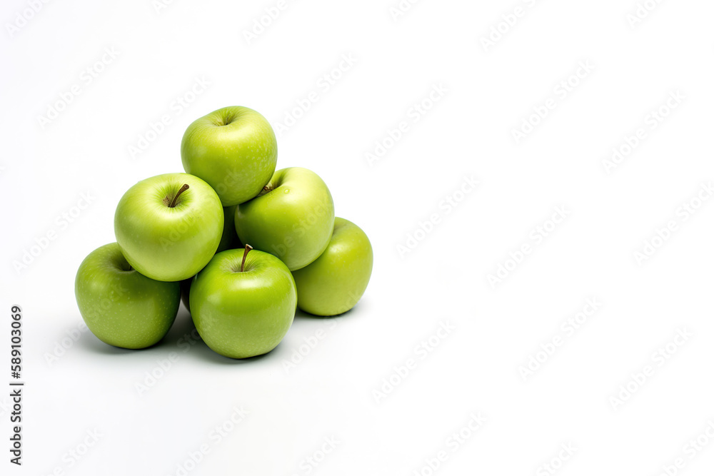 A pile of whole green apples isolated on white background with copy space. Created with Generative AI Technology A pile of whole green apples isolated on white background with copy space. Created with Generative AI Technology