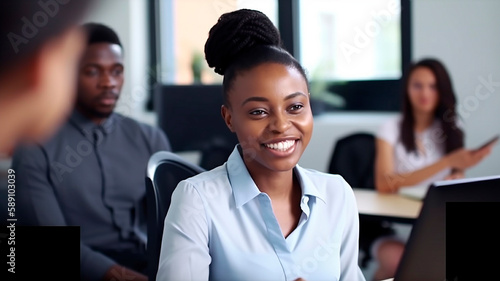 Stylish black woman in office, created with Generative AI Technology