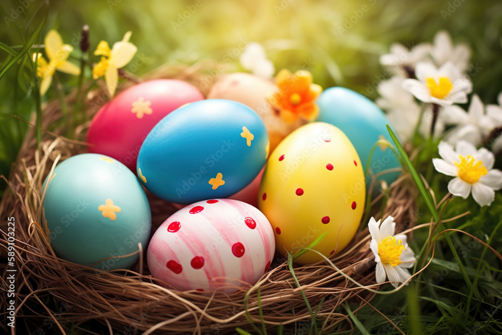 3DDefocused decorated eggs in nest, Easter scene 3DDefocused decorated eggs in nest, Easter scene