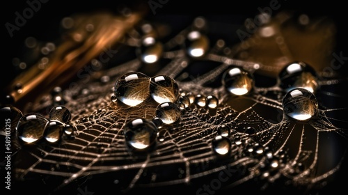 Macro shot, spider web in water drops, close-up, arachnid, biodiversity, colorful natural blurred bokeh background