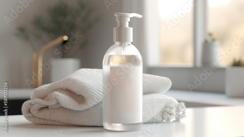 3D Liquid soap bottle with towels mockup