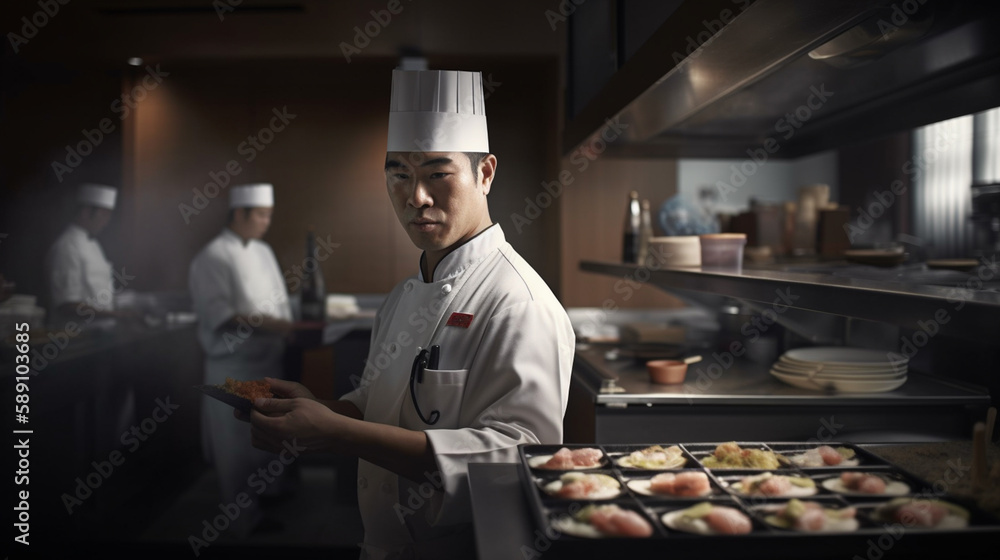 Japanese Chef making sushi in a luxury restaurant with Generative AI Japanese Chef making sushi in a luxury restaurant with Generative AI