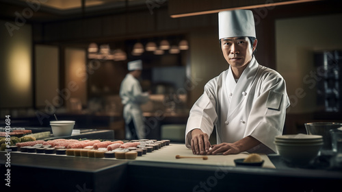 Japanese Chef making sushi in a luxury restaurant with Generative AI