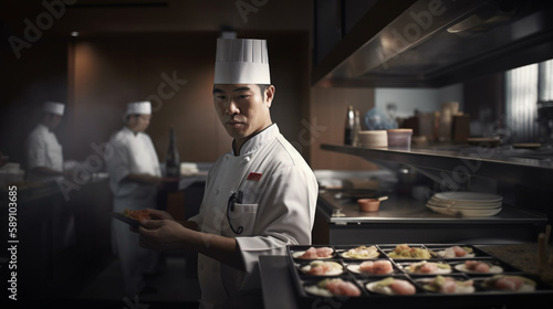 Japanese Chef making sushi in a luxury restaurant with Generative AI