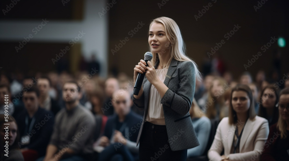 happy business woman Giving a speech with confidence and charisma at a crowded conference with Generative AI happy business woman Giving a speech with confidence and charisma at a crowded conference with Generative AI