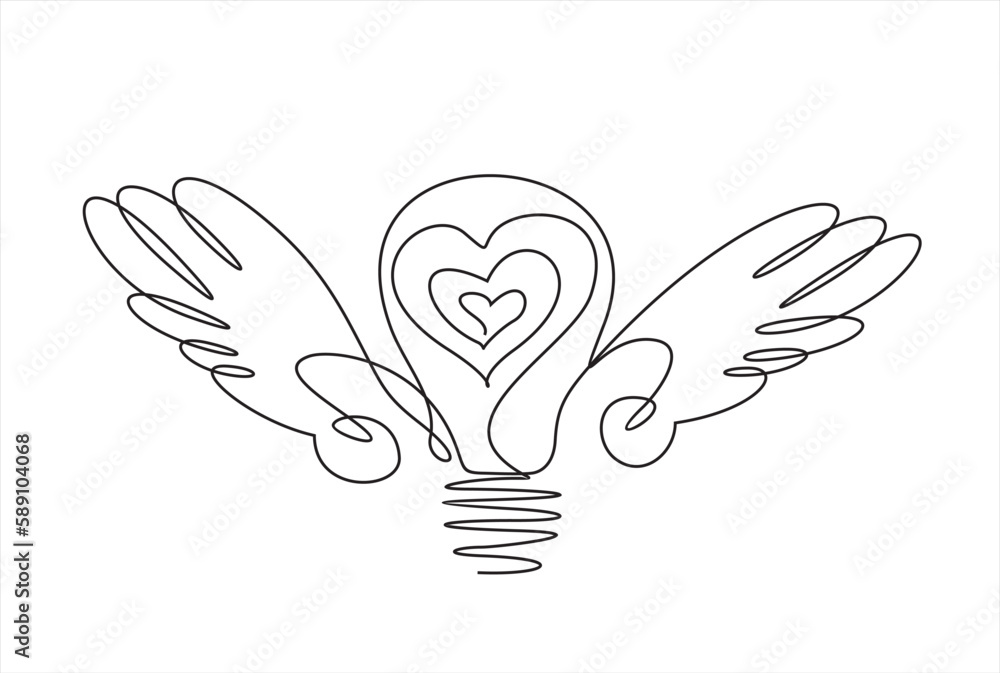 Continuous One  line drawing of light bulb with wings and heart inside. Creative power concept.