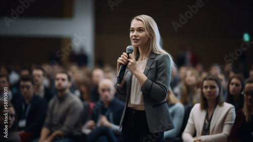 happy business woman Giving a speech with confidence and charisma at a crowded conference with Generative AI