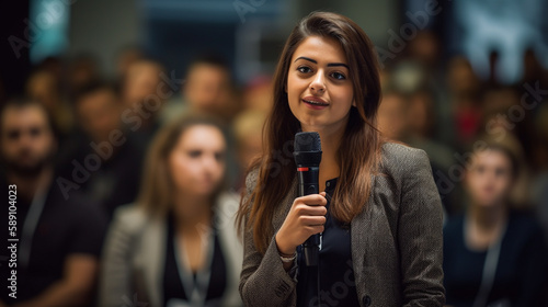 happy business woman Giving a speech with confidence and charisma at a crowded conference with Generative AI