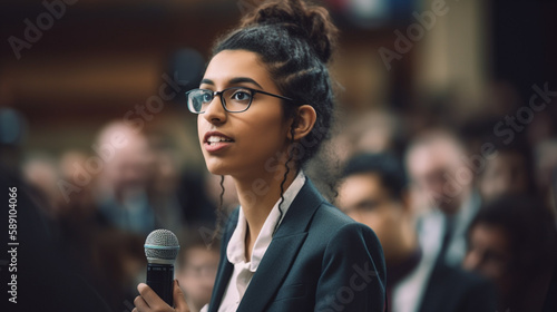 happy business woman Giving a speech with confidence and charisma at a crowded conference with Generative AI